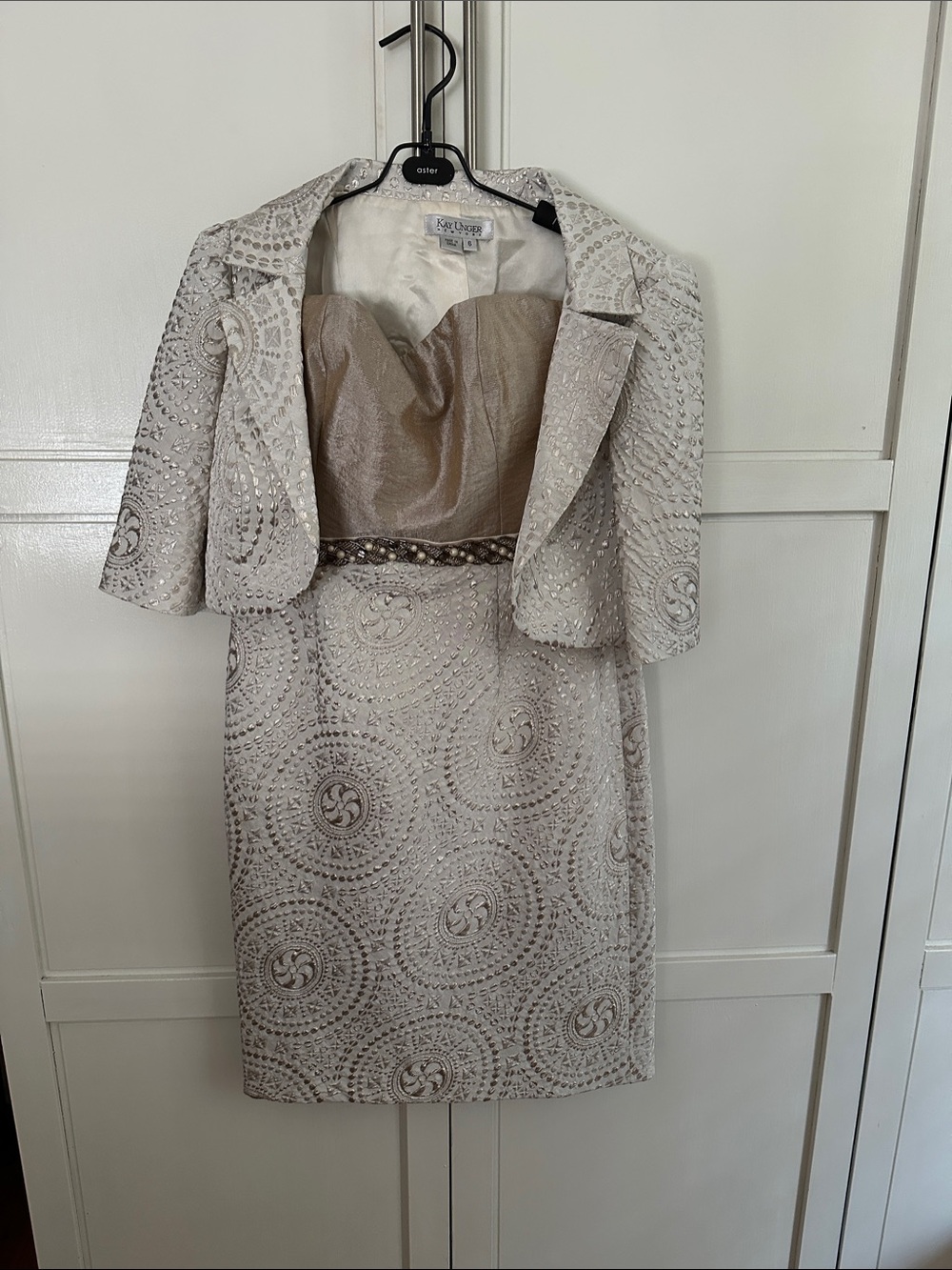 Kay Unger Metallic Silver Champagne Jacquard Dress & Jacket Set 6